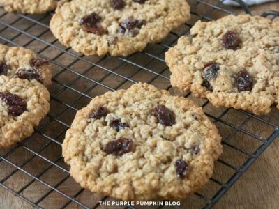 Pumpkin spice oatmeal raisin cookies cooling on a wire rack, raisins visible on the surface.