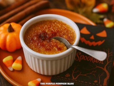 Finished Pumpkin Pie Creme Brulee in a ramekin with a spoon inserted.