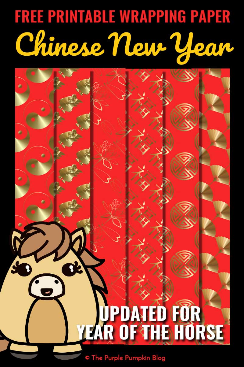 Free printable Chinese New Year wrapping paper with red and gold patterned designs displayed in vertical strips, featuring a cartoon horse and festive text. Text overlay says: "Free Printable Wrapping Paper Chinese New Year" and "Updated for Year of the Horse".