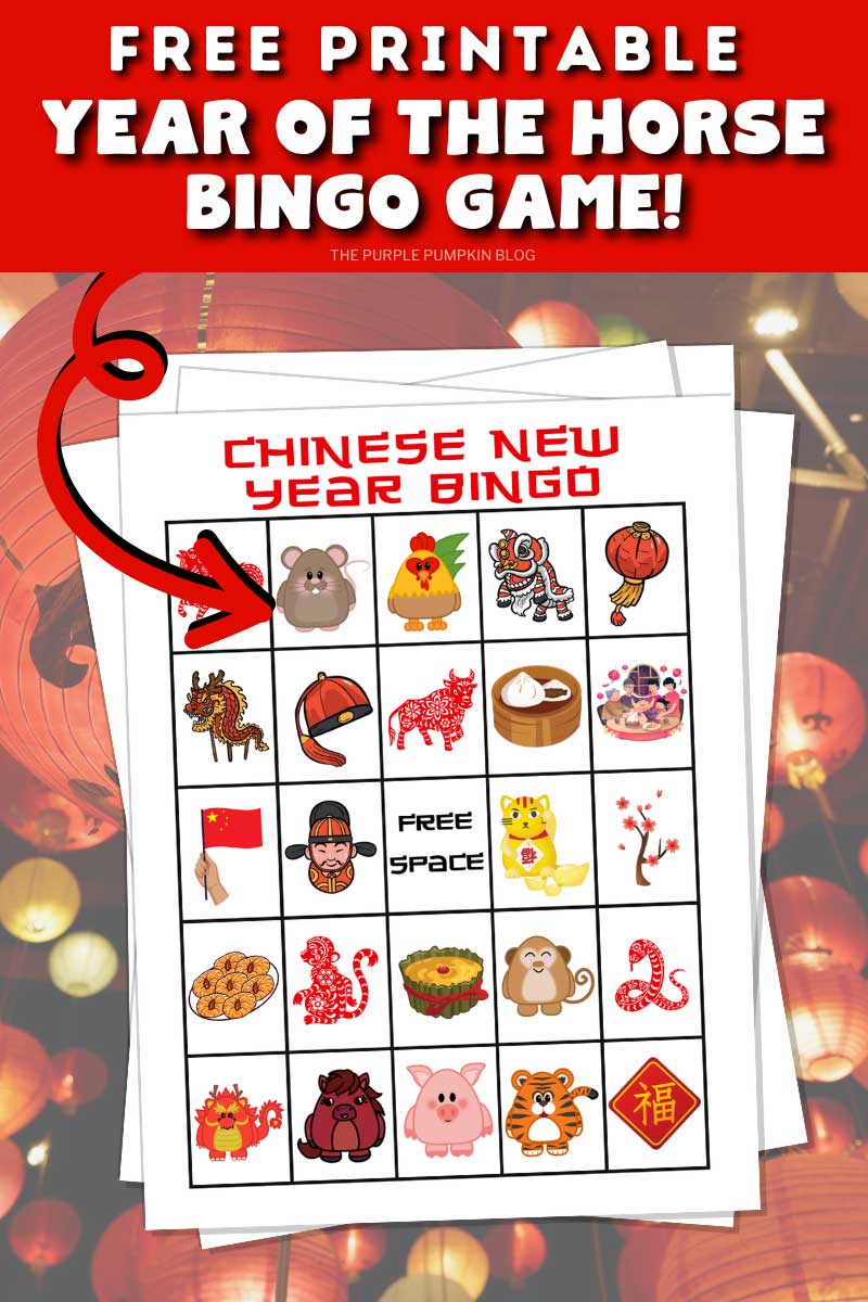 Chinese New Year bingo card featuring illustrated icons like zodiac animals, lanterns, dumplings, and lucky symbols arranged in a 5x5 grid. Text overlay says: "Free Printable Year of the Horse Bingo Game!"