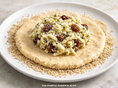 A round of pastry dough on a plate of sesame seeds, with a mound of cheese filling