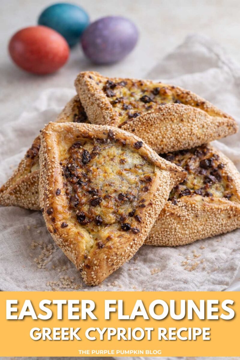 Golden baked Cypriot flaounes with sesame seed crust and cheese filling arranged on a plate, with colored Easter eggs in the background. Text overlay says: "Easter Flaounes Greek Cypriot Recipe".