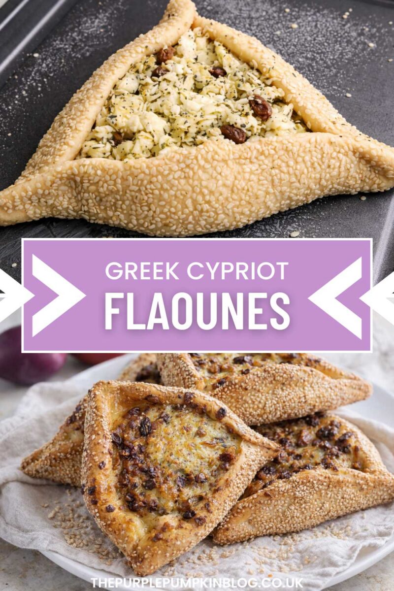 Split image showing an unbaked Cypriot flaounes pastry filled with cheese mixture on a baking tray above, and baked sesame-coated flaounes arranged on a plate below. Text overlay says: "Greek Cypriot Flaounes".
