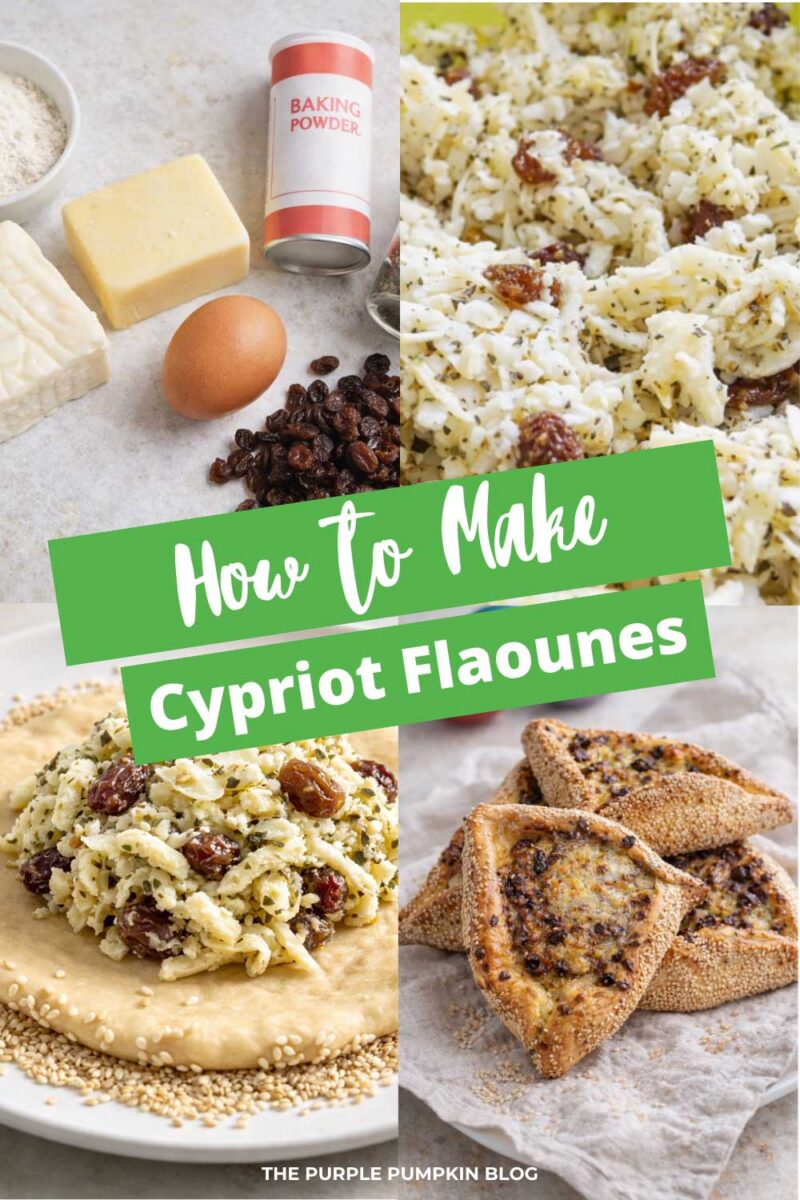 Collage showing ingredients for Cypriot flaounes including cheese, egg, raisins, and baking powder, alongside the cheese filling mixture, shaped dough with filling, and baked sesame-coated flaounes. Text overlay says: "How to Make Cypriot Flaounes".
