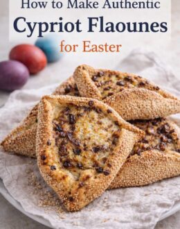 Golden Cypriot flaounes filled with cheese and raisins, shaped into folded pastries and coated in sesame seeds, arranged on a plate with colored Easter eggs in the background. Text overlay says: "How to Make Authentic Cypriot Flaounes for Easter".