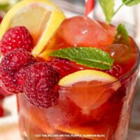 A glass of Raspberry Mojito Mocktail garnished with fresh raspberries, lemon slices, and fresh mint