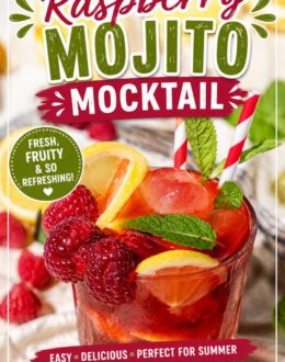 Glass of raspberry mojito mocktail with fresh berries, Text overlay: Raspberry Mojito Mocktail, Fresh Fruity & So Refreshing. Easy Delicious Perfect for Summer
