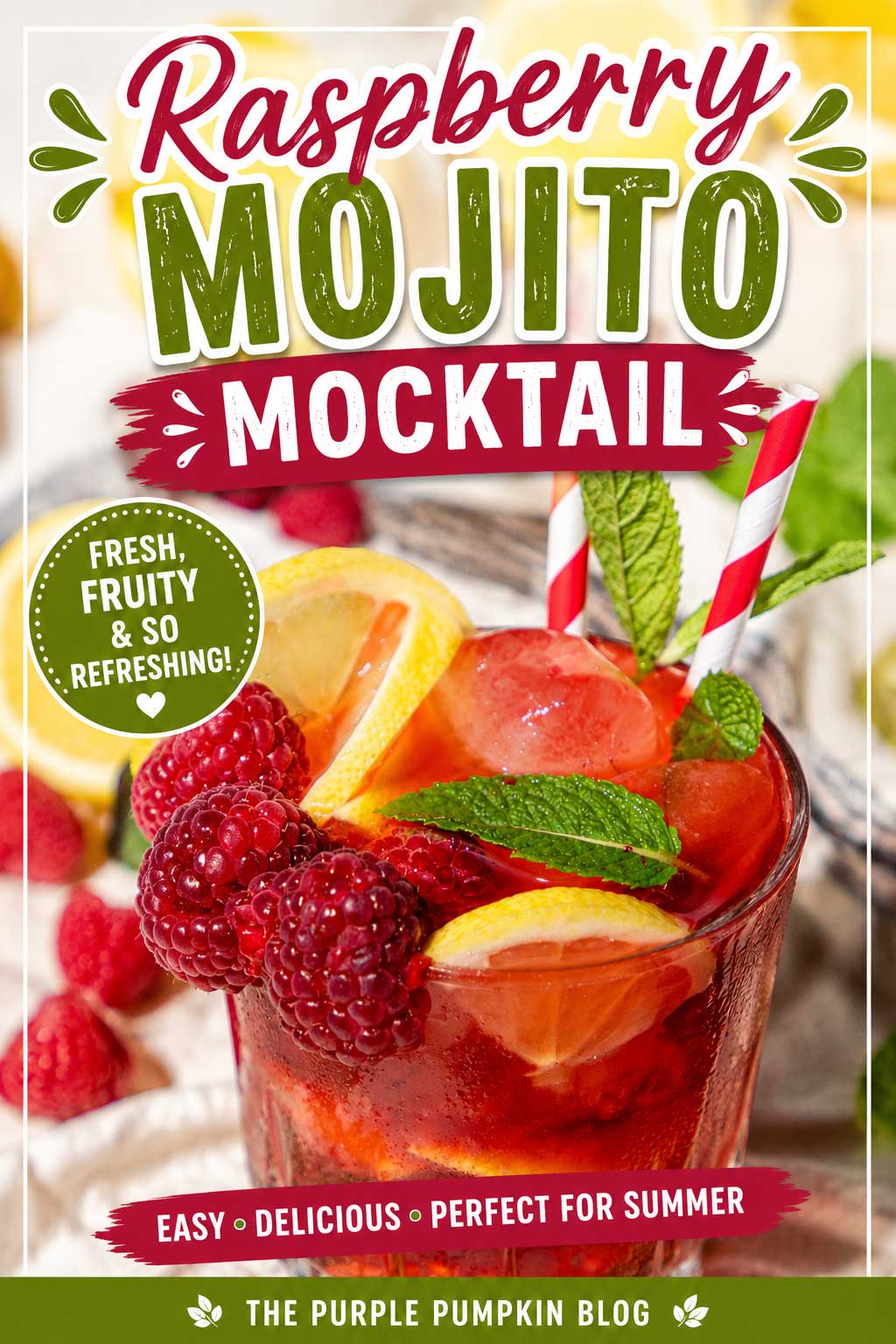 Glass of raspberry mojito mocktail with fresh berries, Text overlay: Raspberry Mojito Mocktail, Fresh Fruity & So Refreshing. Easy Delicious Perfect for Summer