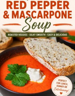 Two bowls of bright orange roasted red pepper soup topped with mascarpone cheese and parsley, served with slices of rustic seeded bread. Text overlay: Creamy & Comforting Red Pepper & Mascarpone Soup