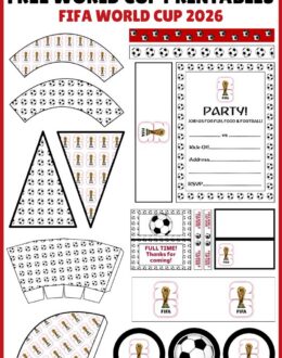 Digital representation of World Cup printables including cupcake toppers, paper chains and popcorn boxes.