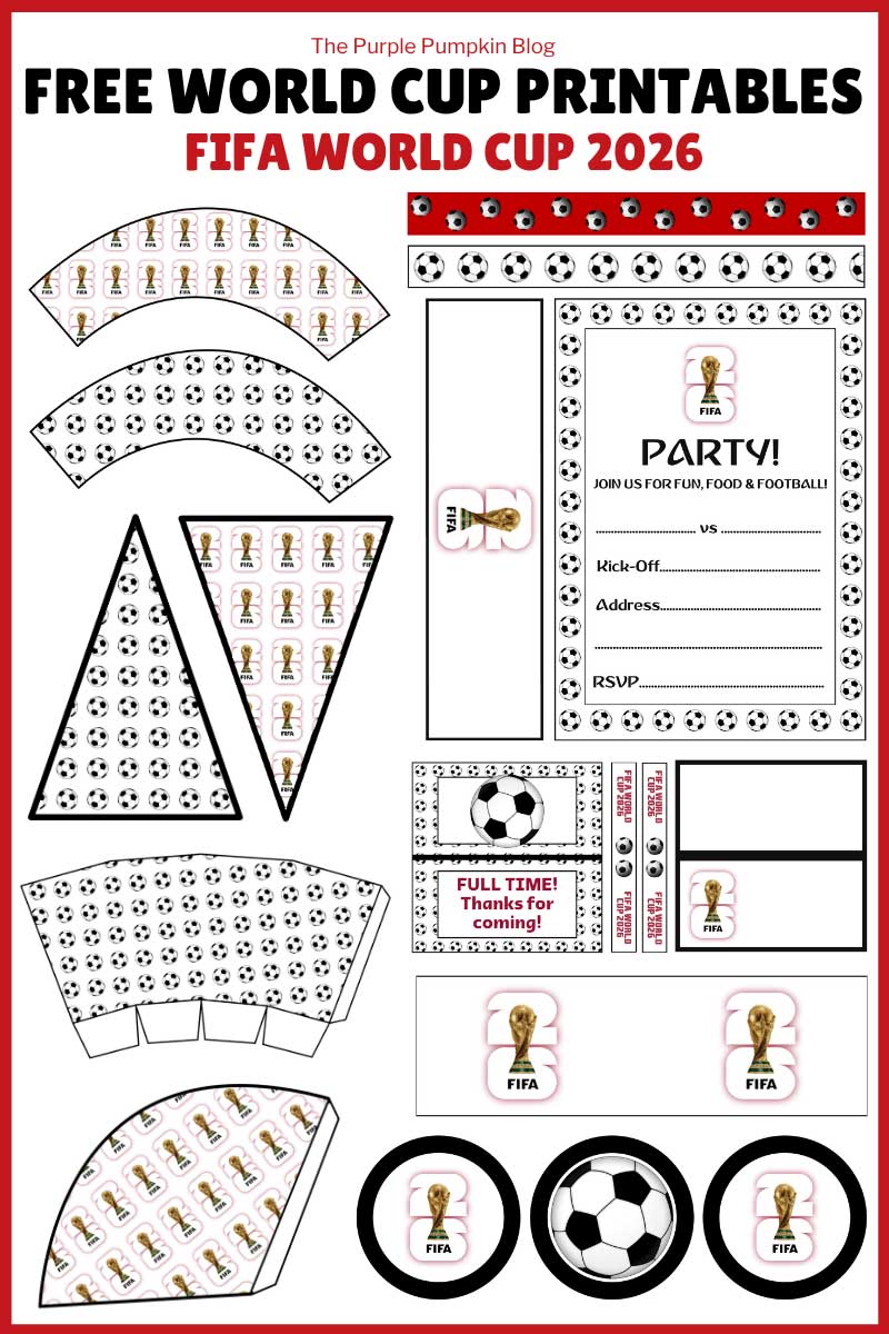 Digital representation of World Cup printables including cupcake toppers, paper chains and popcorn boxes.