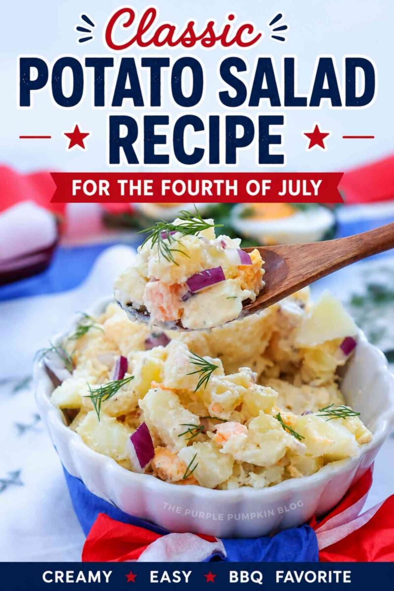 A white scalloped bowl filled with creamy potato salad made with chunks of potato, chopped hard-boiled egg, diced red onion, and fresh dill. The bowl is wrapped with red, white, and blue tissue paper. Text overlay says "Classic Potato Salad Recipe for the Fourth of July. Creamy, Easy, BBQ Favorite"