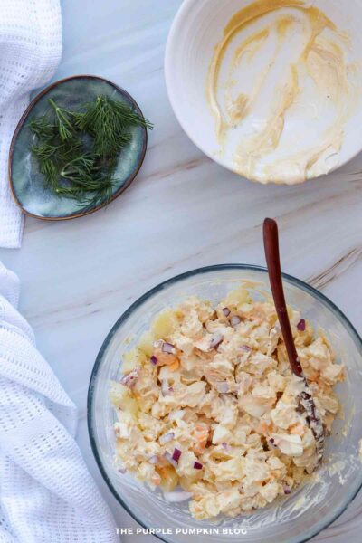 Mixing Dressing and Potato Salad Ingredients Together