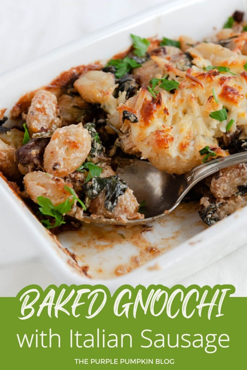 Text overlay says: Baked Gnocchi with Italian Sausage