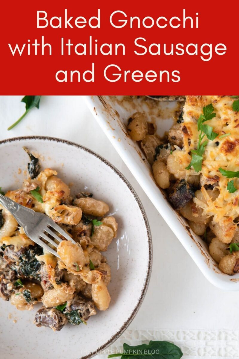 Text overlay says: Baked Gnocchi with Italian Sausage and Greens