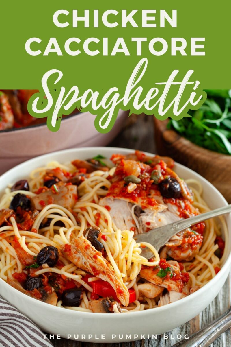 Text overlay says: Chicken Cacciatore Spaghetti