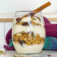 Cinnamon Granola Parfait: Glass filled with layers of creamy yogurt, granola, dried fruit, seeds, and chocolate pieces, topped with a cinnamon stick.
