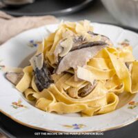 Mushroom Alfredo: Fettuccine pasta with sliced mushrooms in a creamy Alfredo sauce, topped with shaved Parmesan.