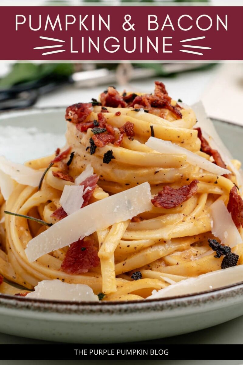 Text overlay says: Pumpkin & Bacon Linguine